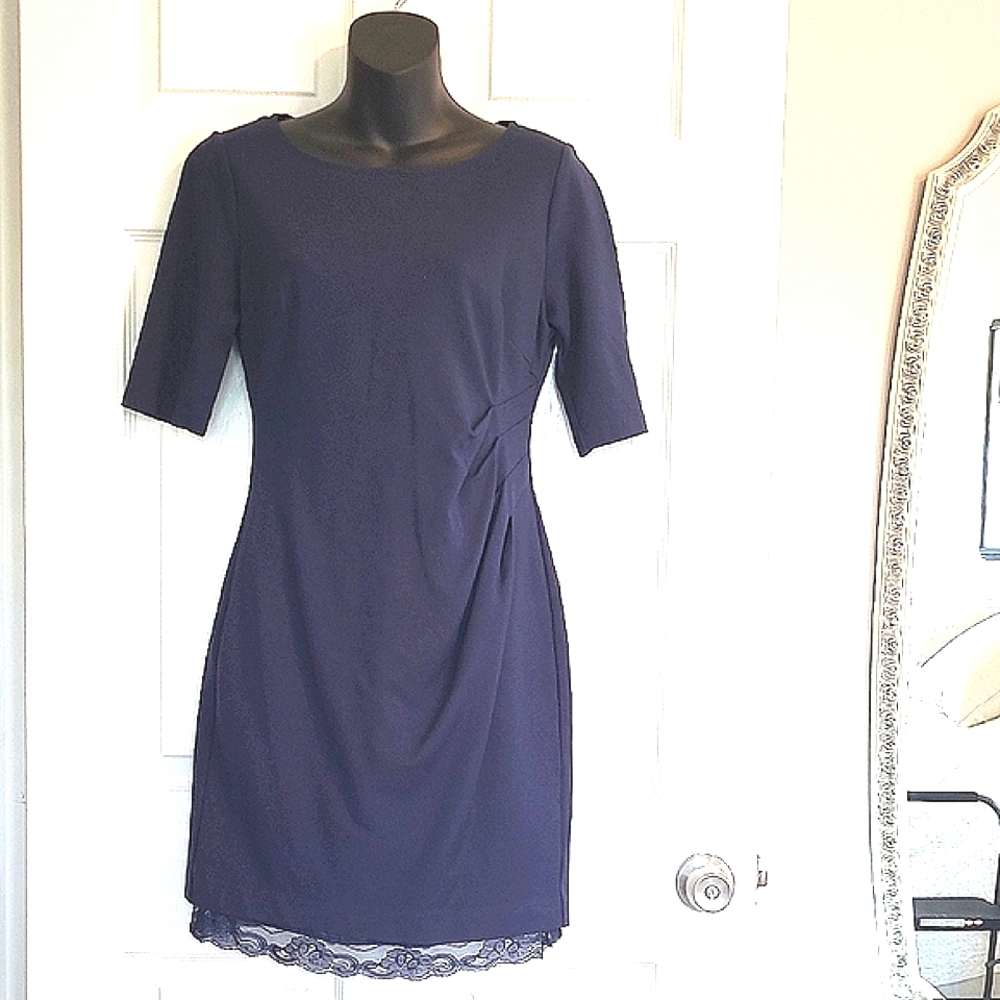 Trina Turk Midnight Navy Half Sleeve Lace Pencil Skirt Ruched 3/4 Sleeve Fit S-M